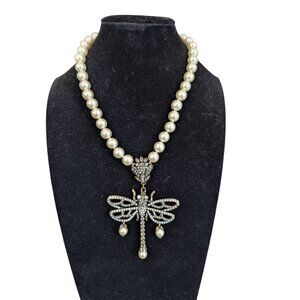 Heidi Daus Pearl Rhinestone Dragonfly Pendant Necklace
